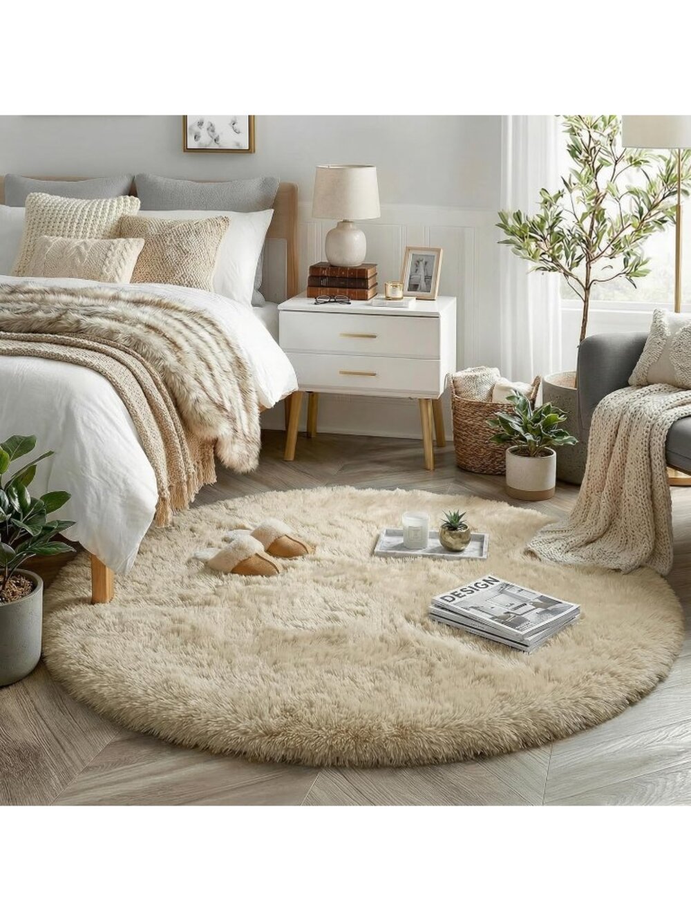 〽️Beige Circle Round Fluffy Area Rug 4Ft Ft Bedroom Kid Fuzzy Shag Plush Carpet